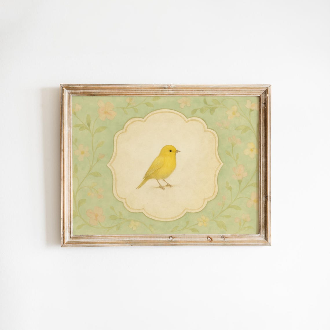 Yellow Canary Bird With Green Floral Border Vintage Nursery Wall Art