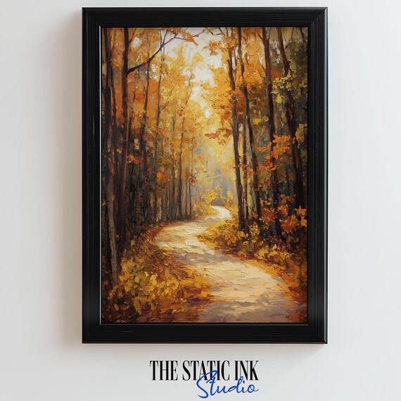 Golden Autumn Forest Path Sunlight Oil Painting Fall Woodland Scenery Poster