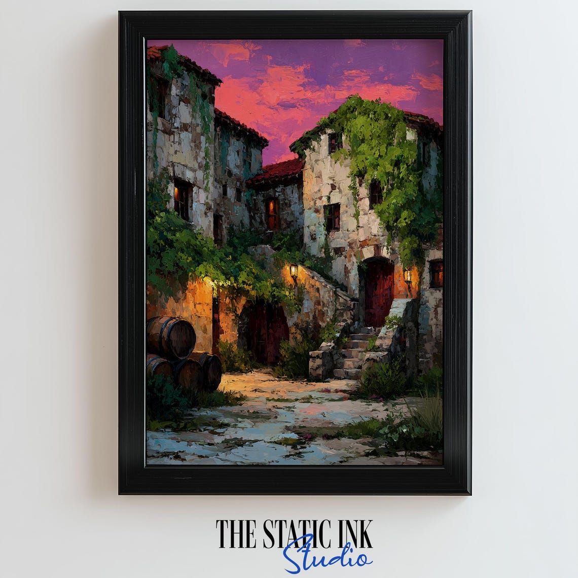 Ivy Covered Village Courtyard Glowing Under A Pink Sunset Poster