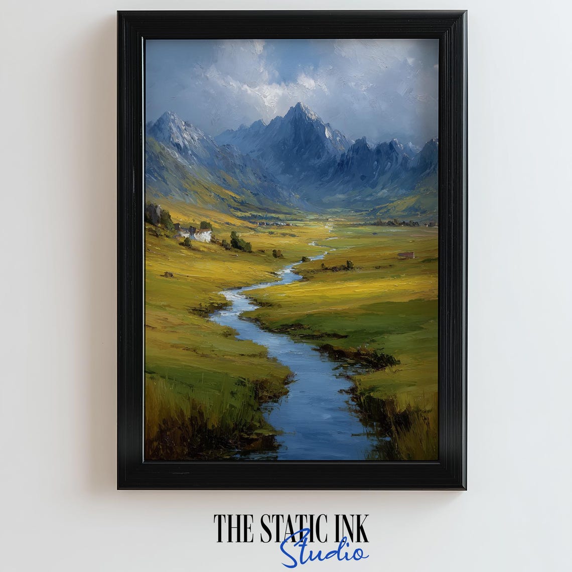 Snowy Mountain Valley Stream With Golden Meadows Scenic Poster