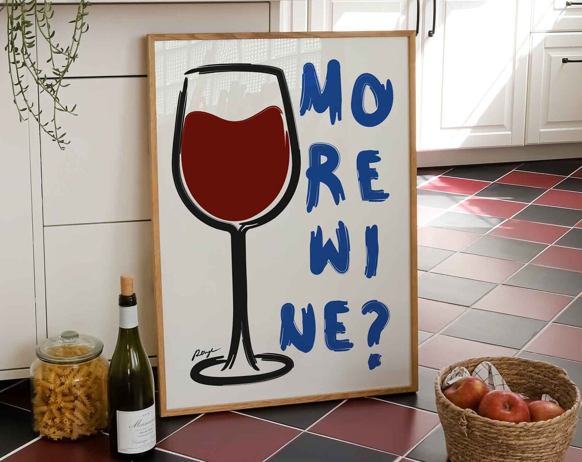 More Wine Hand Drawn Bar Cart Kitchen Art Print