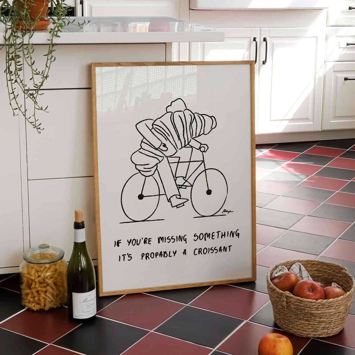 Funny Croissant Bicycle Kitchen Quote Line Art Vintage Poster