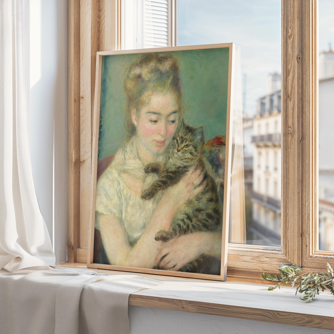Woman Holding Tabby Cat Classic Impressionist Portrait Art Poster - Image 2