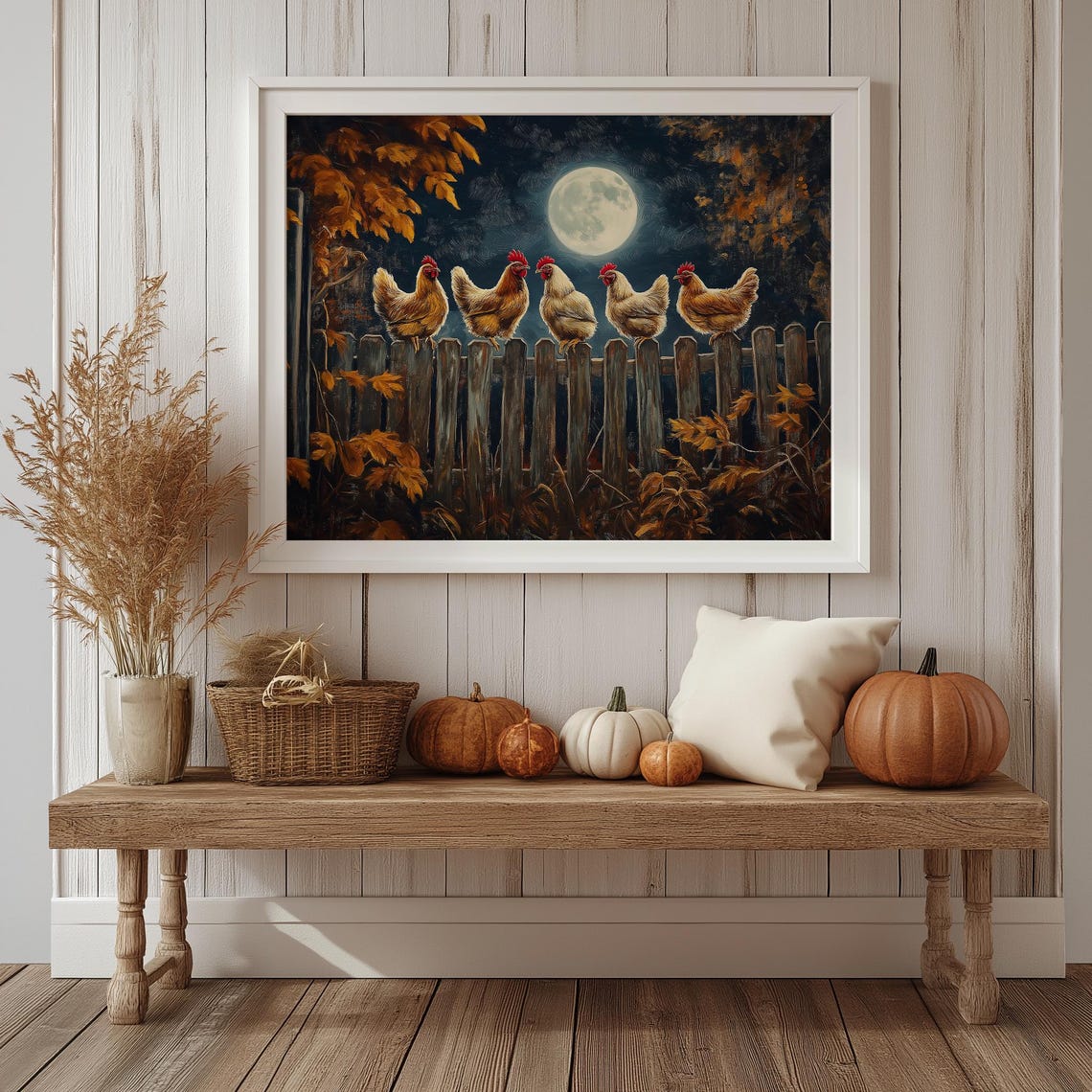 Moonlit Hens On Fence At Night Full Moon Fall Farm Art Poster - Image 3