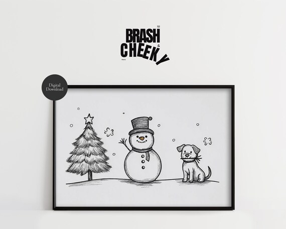 Funny Dog Playing Fetch With Snowman Arm Cute Puppy And Snowman Print Christmas Wall Decor Festive Holiday Quick Print