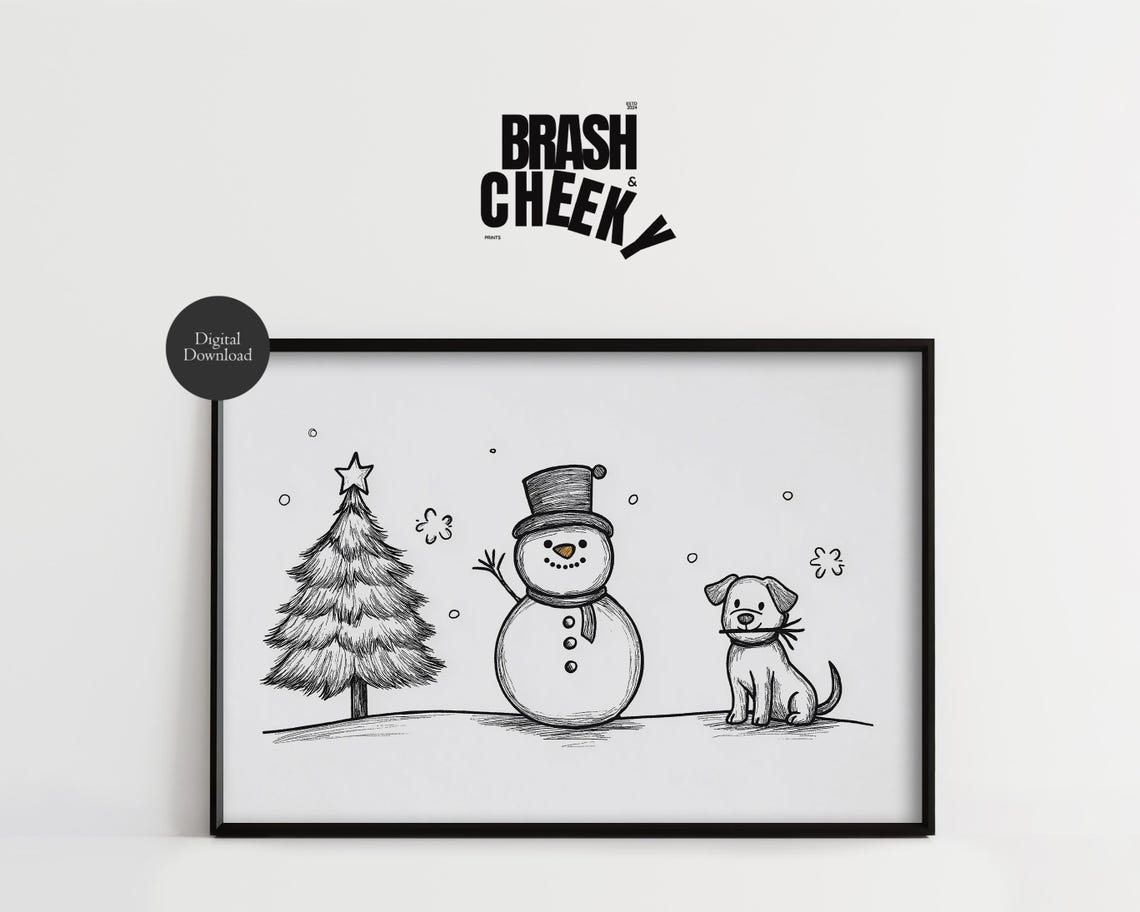 Cute Snowman With Dog Black and White Sketch Christmas Print