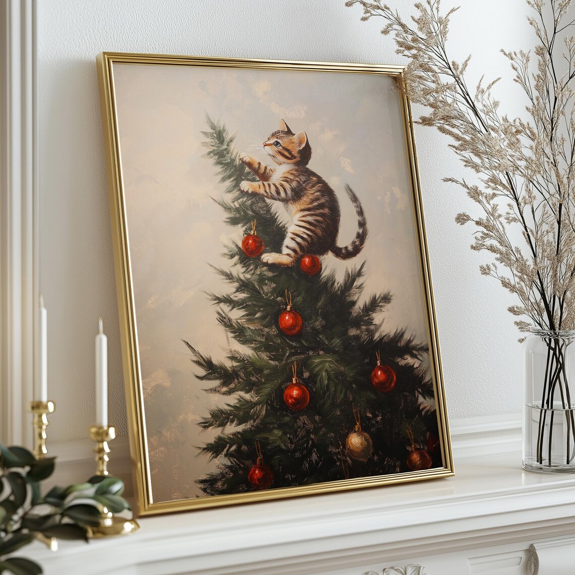 Cute Kitten Climbing Christmas Tree With Red Ornaments Art Print