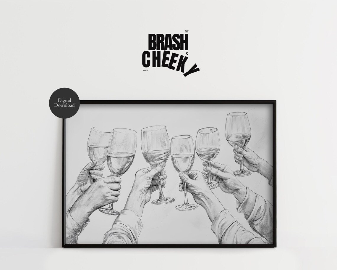 Wine Glasses Cheers Toast Hands Black and White Sketch Art Print - Image 3