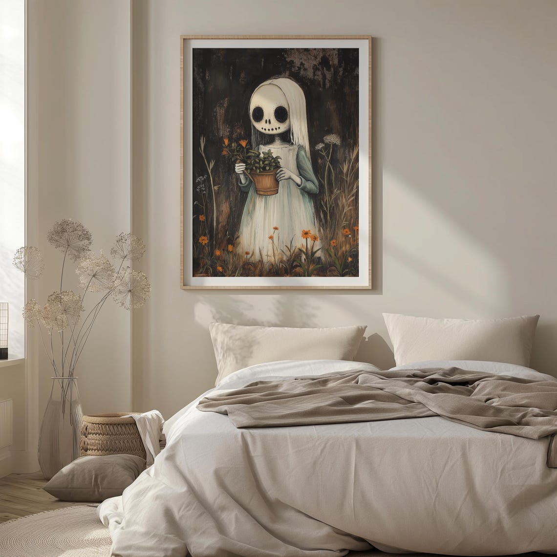 Ghost Girl With Skull Face Holding Flowers Dark Garden Poster - Image 3