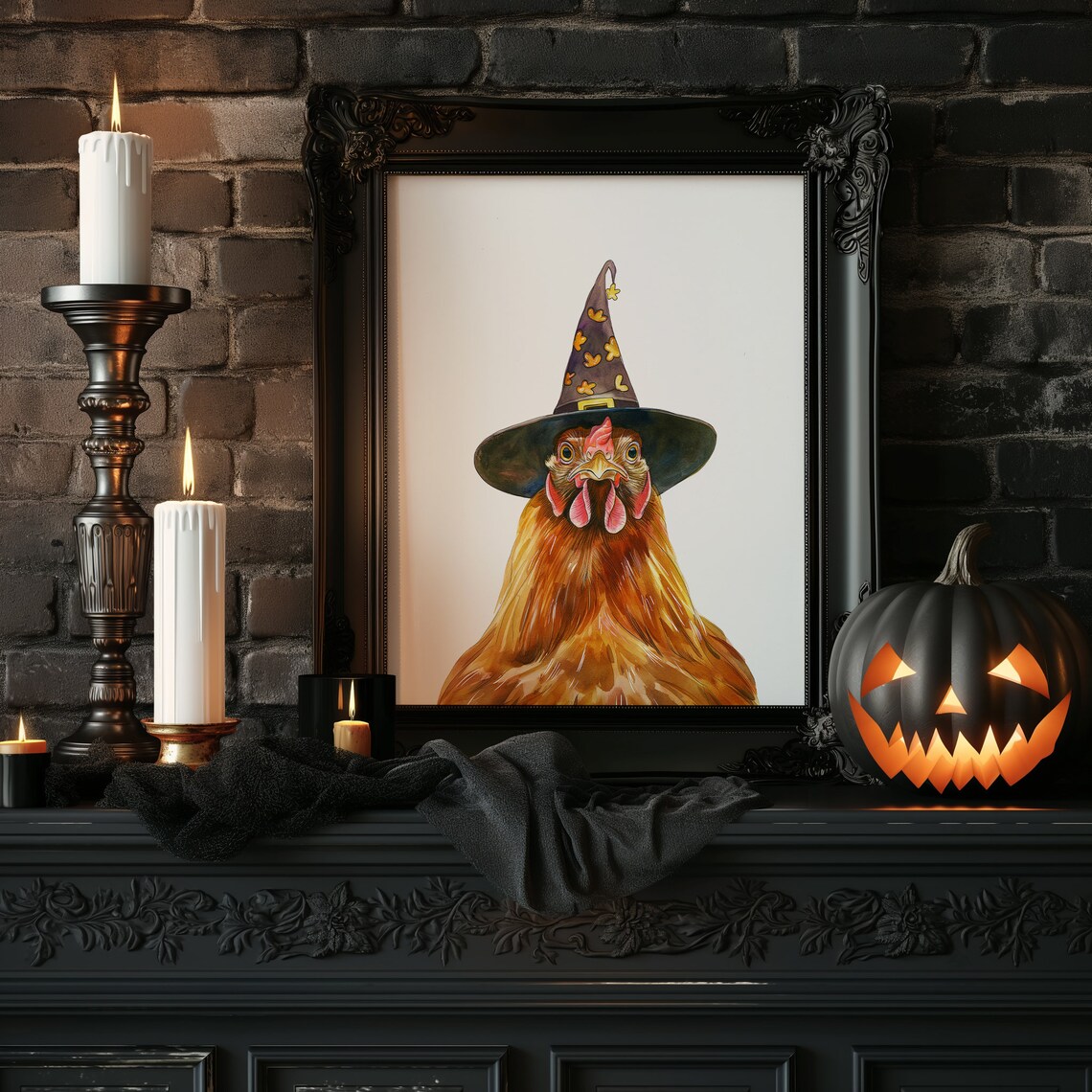 Chicken In Witch Hat Watercolor Cute Halloween Hen Portrait Poster - Image 2
