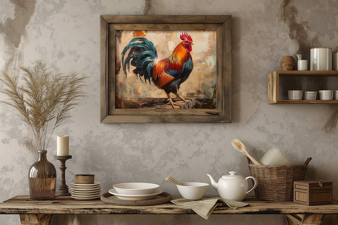 Colorful Painted Rooster Cute Farmhouse Rustic Bird Decor Poster - Image 2