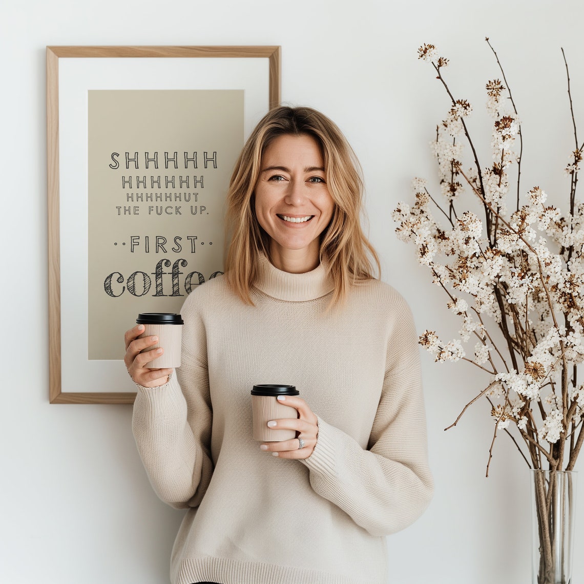 Shhh Shut Up First Coffee Funny Morning Coffee Lover Quote Poster - Image 3