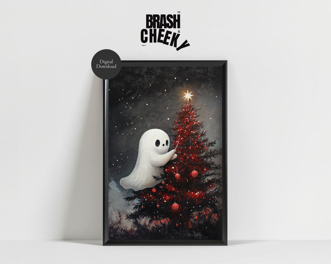 Cute Ghost Decorating Christmas Tree Spooky Holiday Winter Wall Art