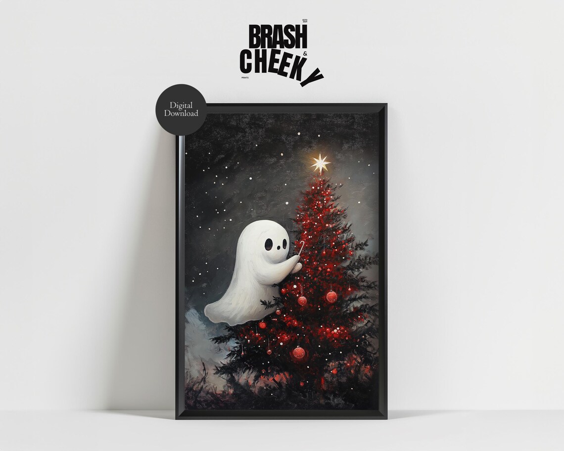 Ghost Putting Up The Christmas Tree Halloween Print Cute Fall Ghost Wall Art Fall And Halloween Printables