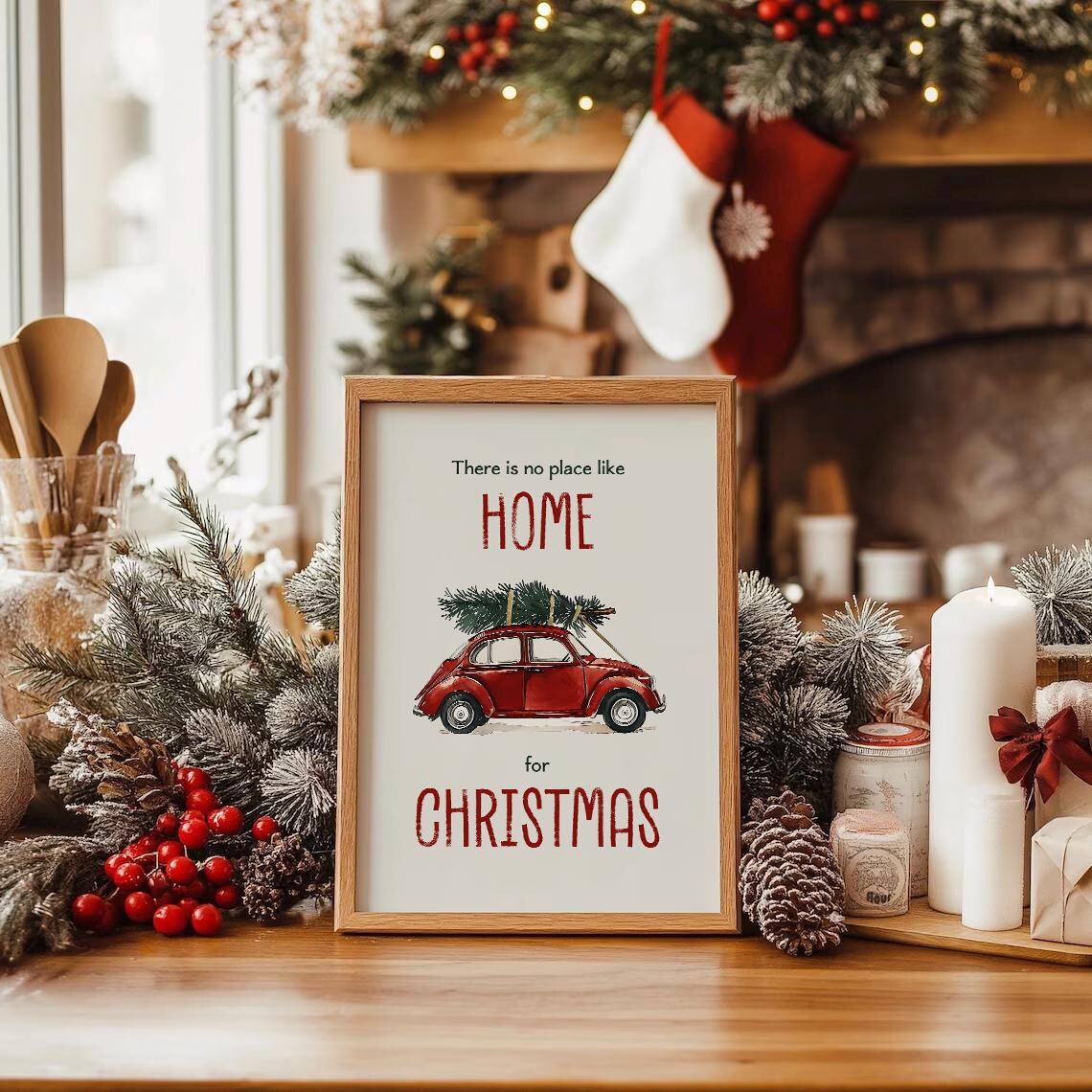 No Place Like Home for Christmas Red Vintage Car Holiday Poster - Image 3