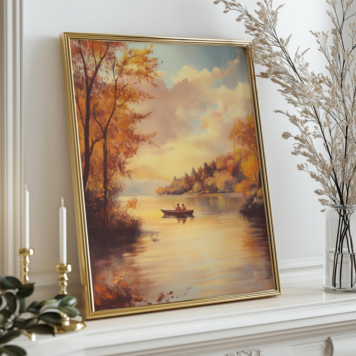 Autumn Lake Canoe Golden Fall Foliage Oil Painting Art Print