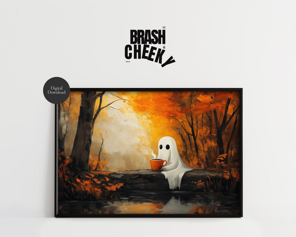 Ghost Drinking Coffee Peaceful Fall Ghost Drinking From A Mug In The Woods Print Cute Fall Ghost Wall Decor