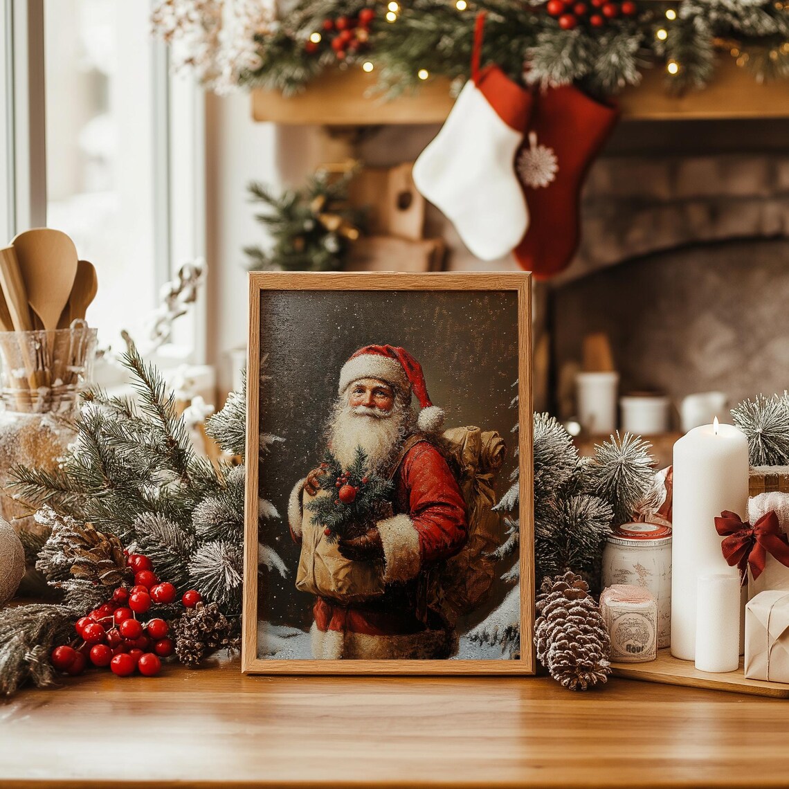 Vintage Santa Claus with Gift Sack Snowy Night Christmas Wall Art - Image 3