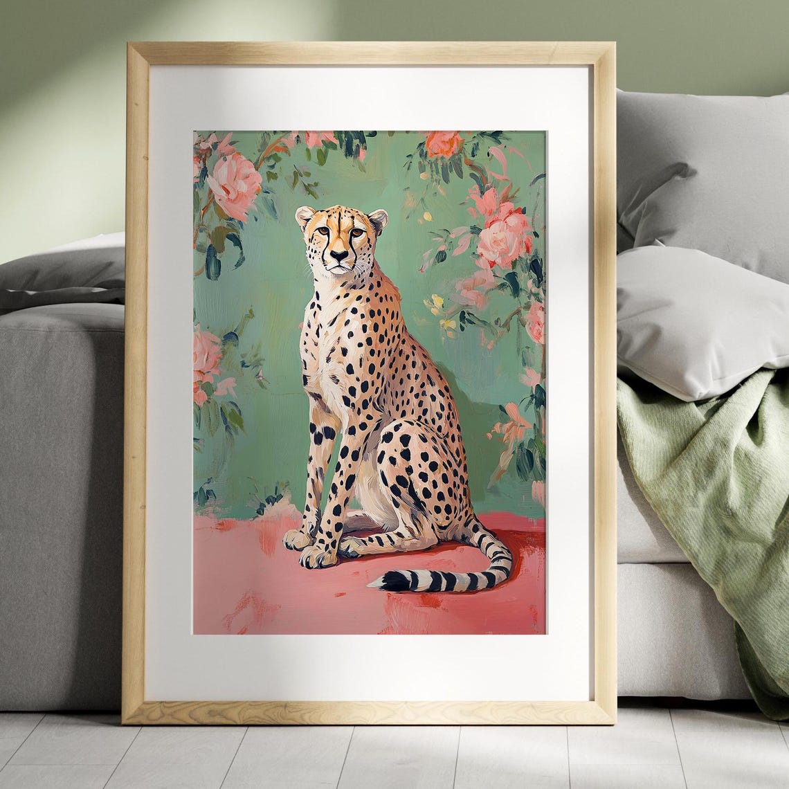 Cheetah Floral Print Pink Mint Chinoiserie Wall Art
