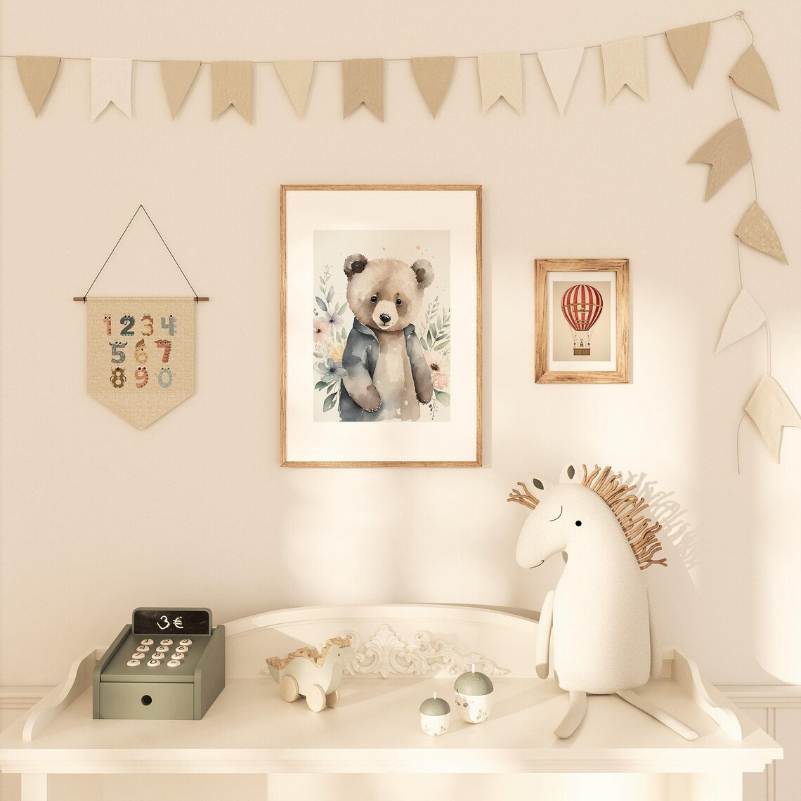 Baby Bear Cub In Blue Jacket Watercolor Floral Nursery Poster - Image 2