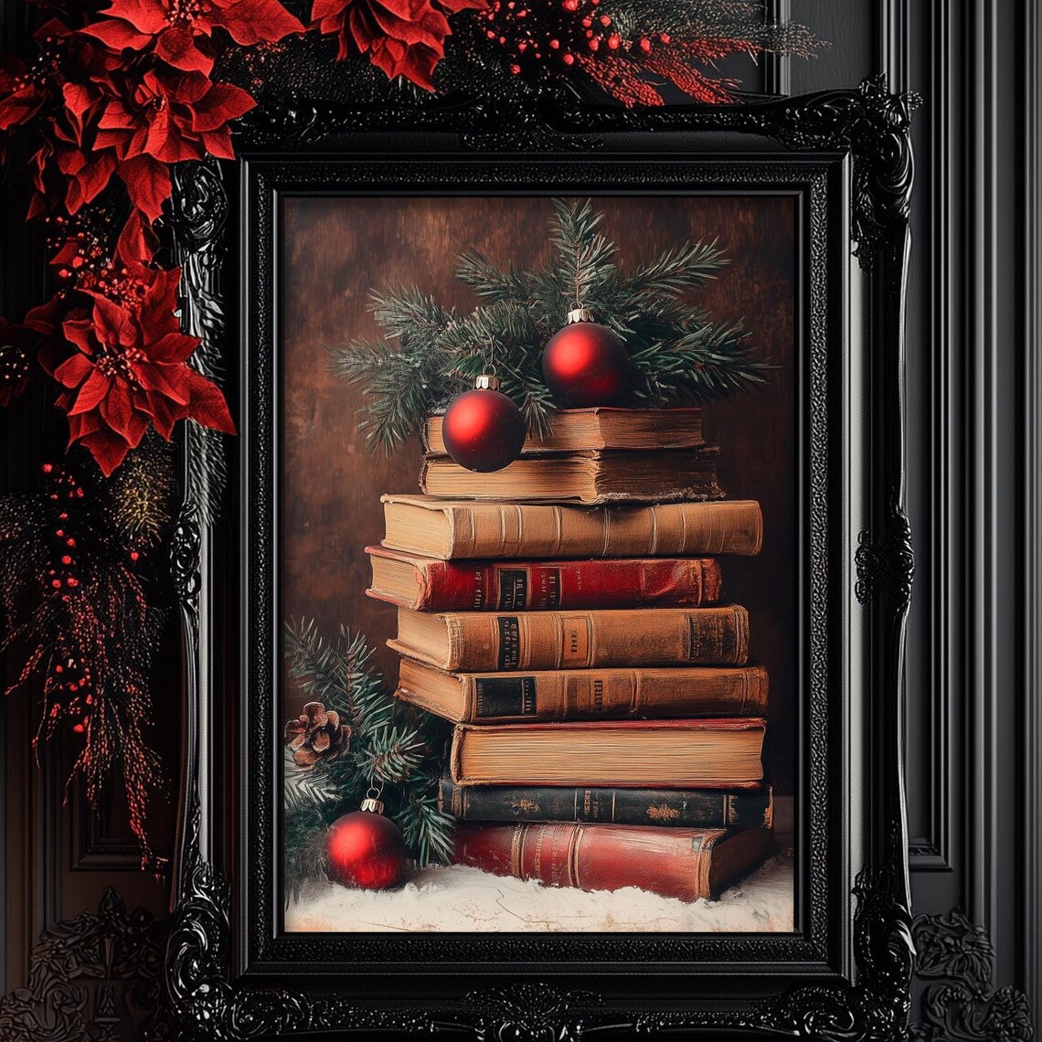 Christmas Book Stack, Dark Academia Vintage Art Print