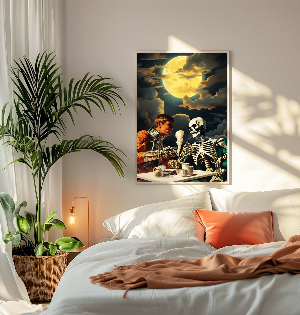 Medieval Knight and Skeleton Moonlight Tea Nostalgic Trippy Wall Art