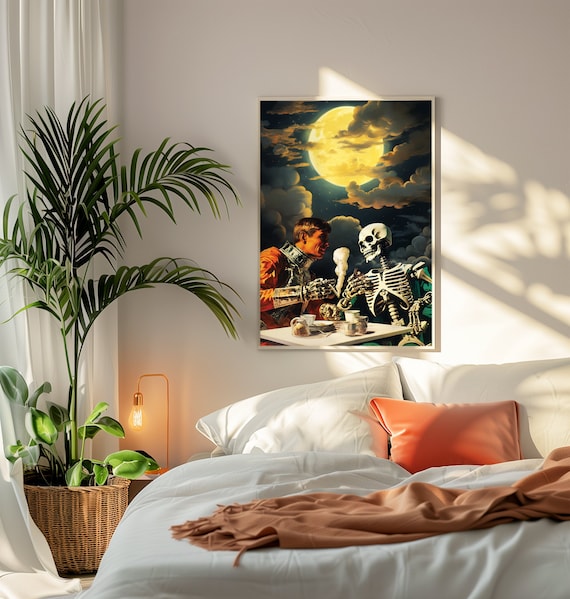Medieval Knight and Skeleton Moonlight Tea Nostalgic Trippy Wall Art