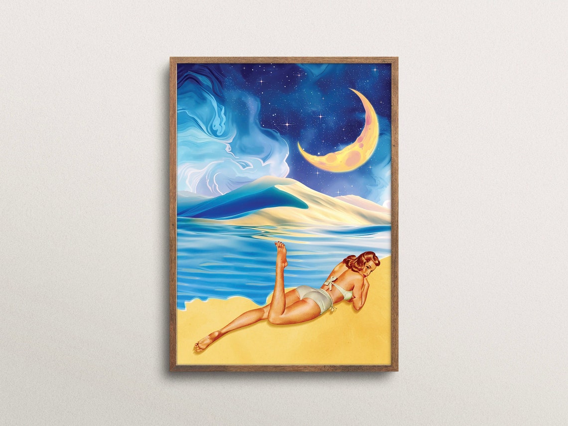 Wave Whispers Pin Up Beach Moonlight Surreal Collage Wall Art