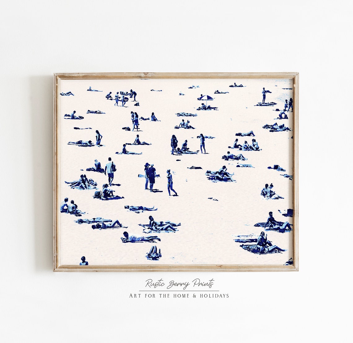 Blue And White Aerial Beach Sunbathers Graphic Coastal Print Poster