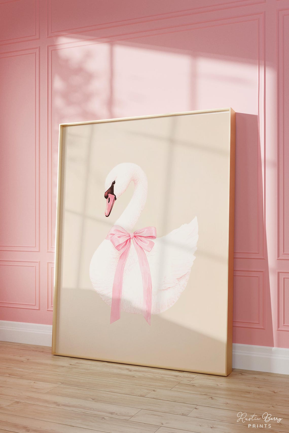 White Swan Pink Bow Coquette Blush Elegant Bird Wall Art Print Poster