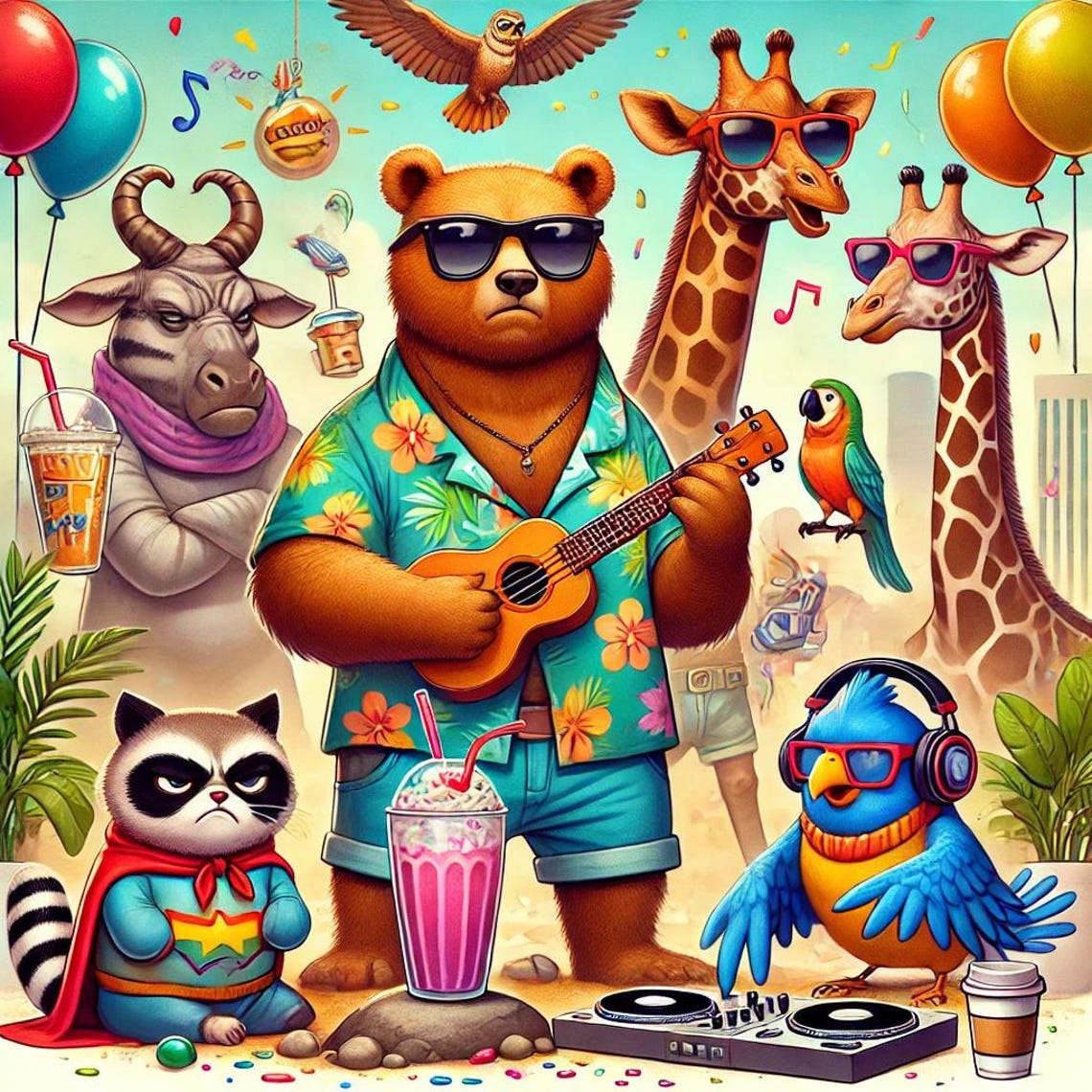 Funny Animals Beach Party with a Ukulele-Playing Bear Poster