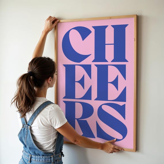 Cheers Poster Pink Pastel Kitchen Art Bar Wall Typography