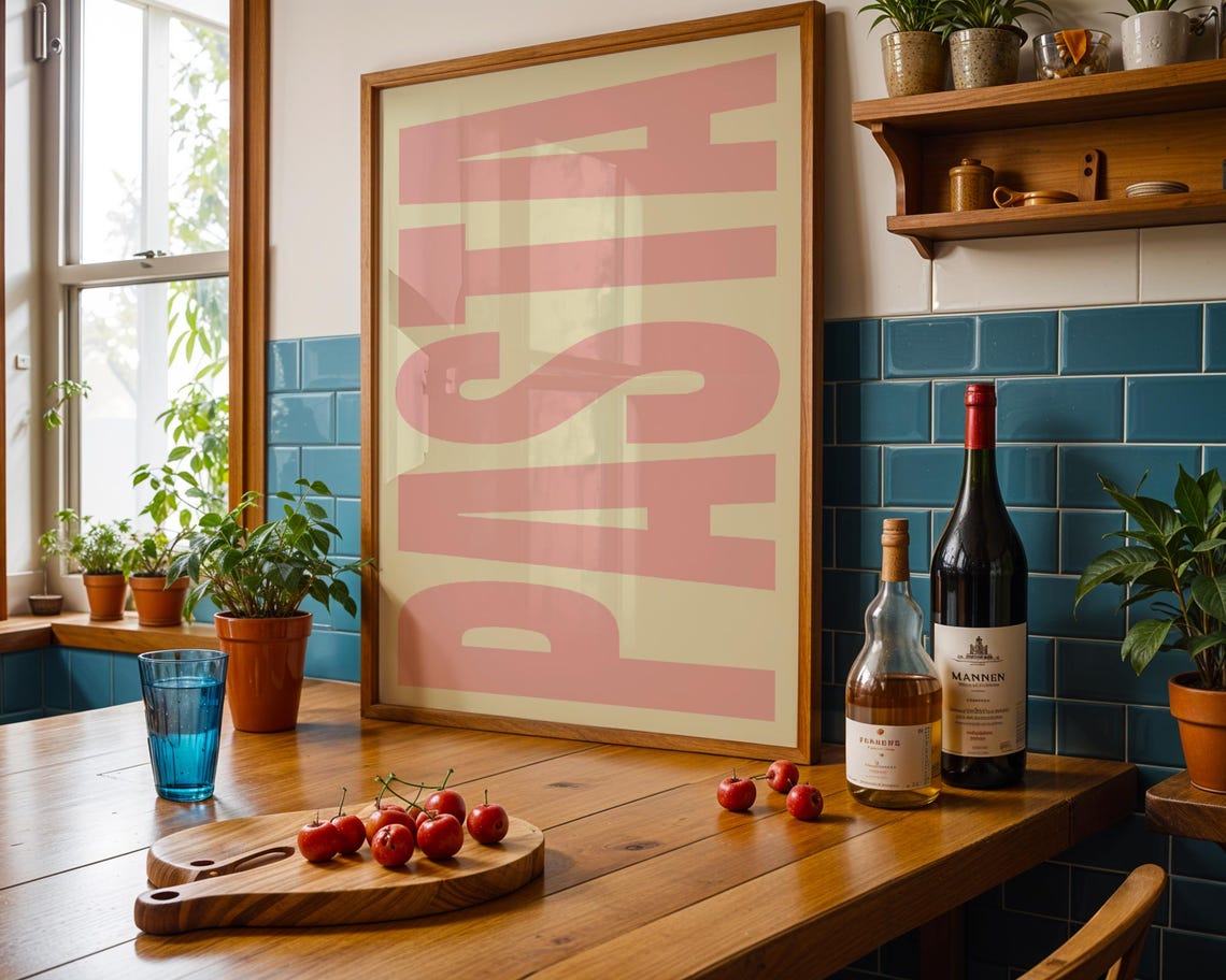 Pasta Poster Pink Big Letters Cream Italian Food Kitchen Decor