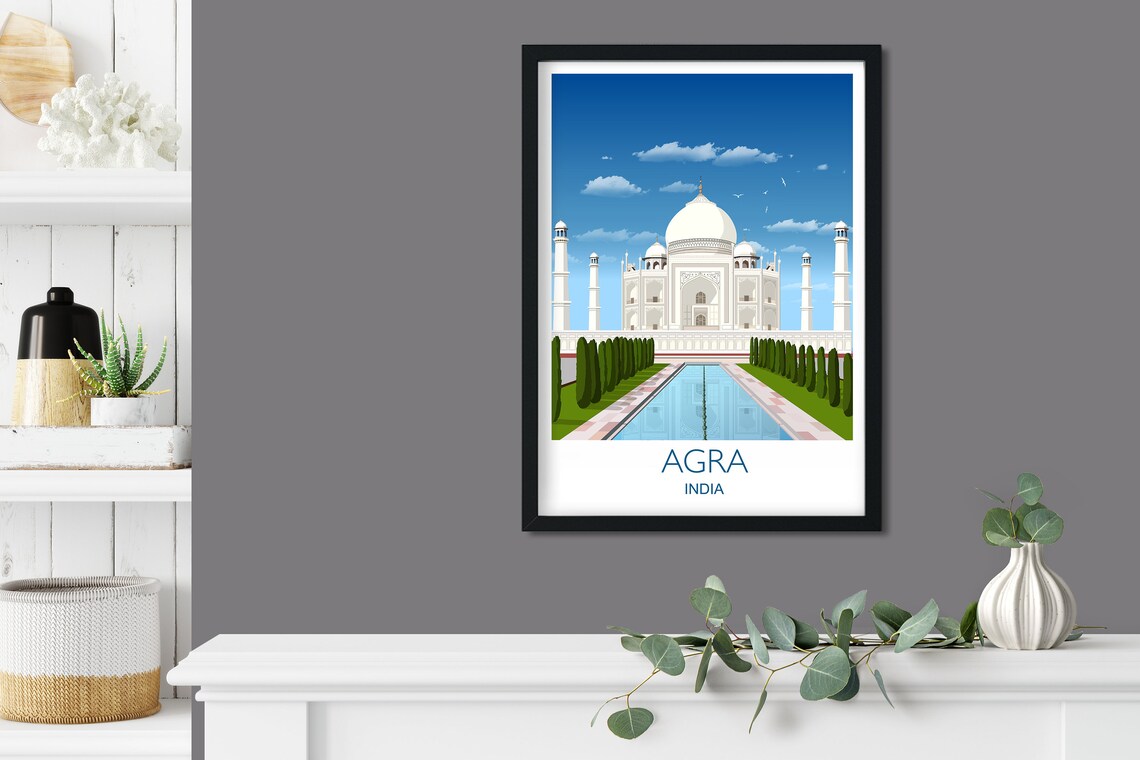 Agra India Taj Mahal Bright Day Gardens Pool Symmetry Art Poster - Image 3