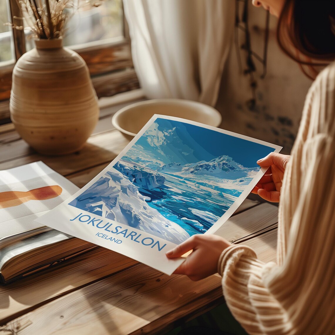 Jokulsarlon Iceland Glacier Retro White Border Travel Poster - Image 2