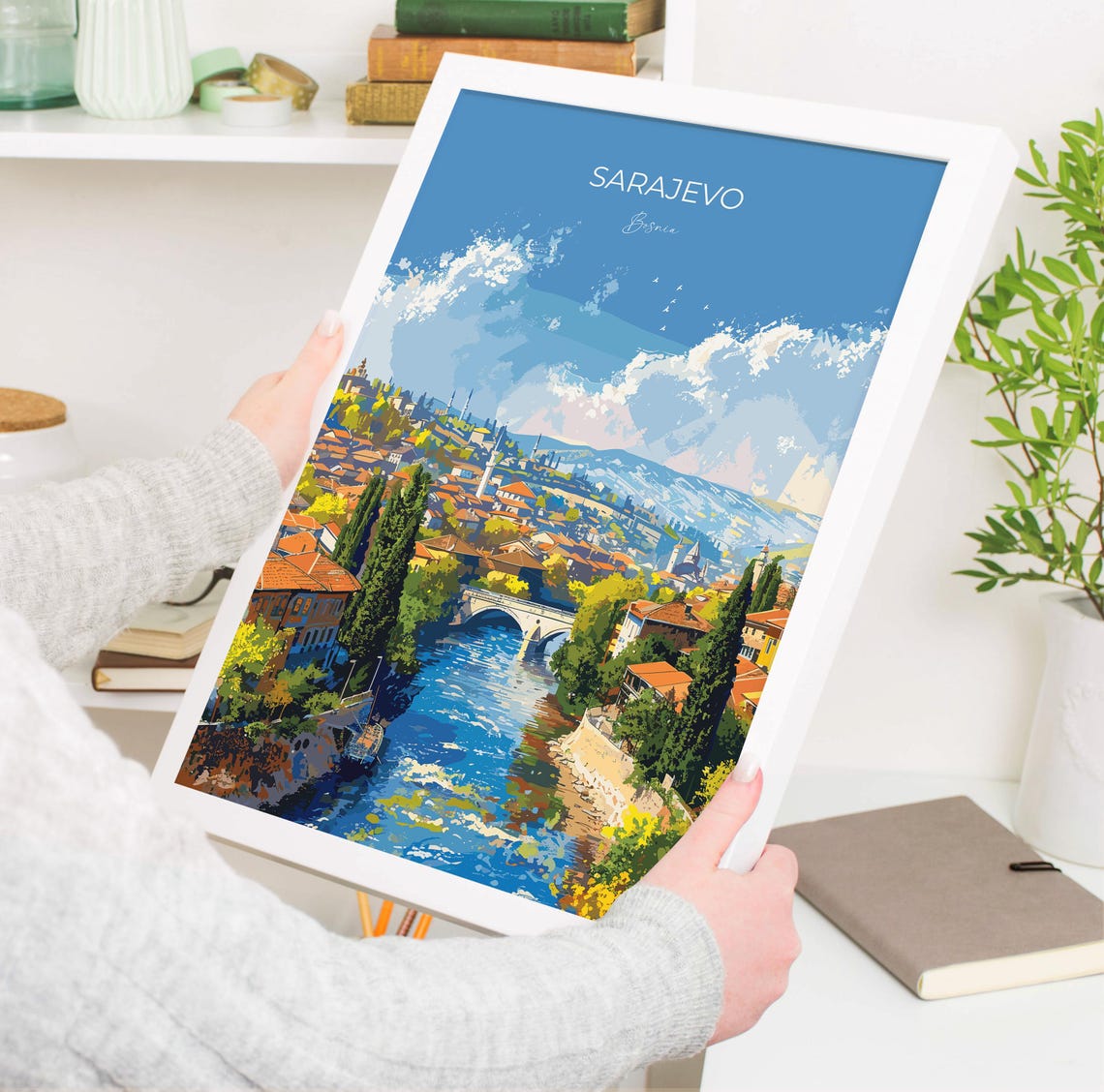 Sarajevo Bosnia Daytime River Old Town Sunny Modern Travel Poster - Image 3