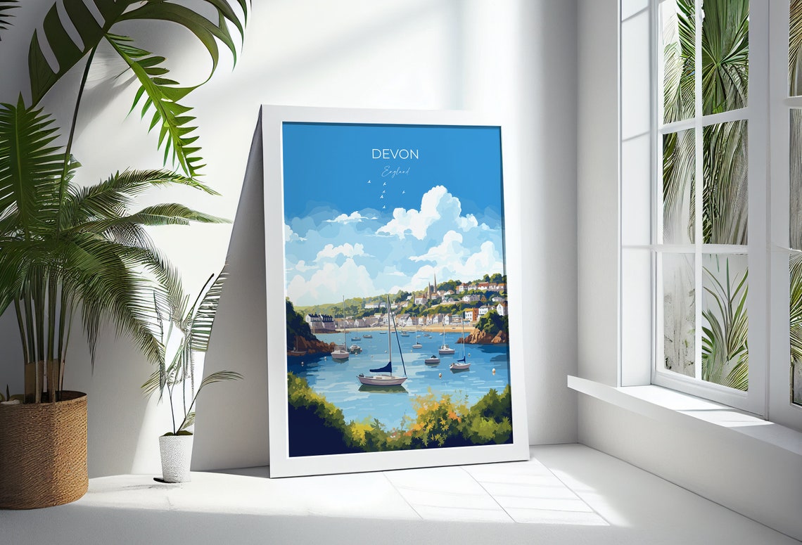 Devon England Sailboat Harbor Hillside Seaside Town Travel Poster - Image 3