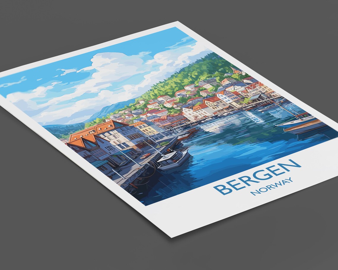 Bergen Norway Colorful Wharf Harbor Boats Fjord City Travel Poster - Image 2