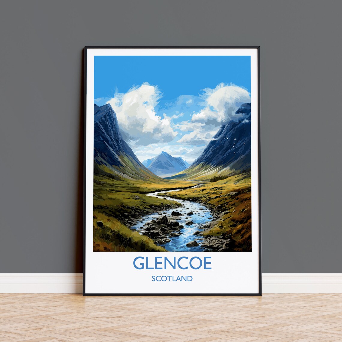 Glencoe Scotland Highland Valley Stream Mountain View Travel Poster