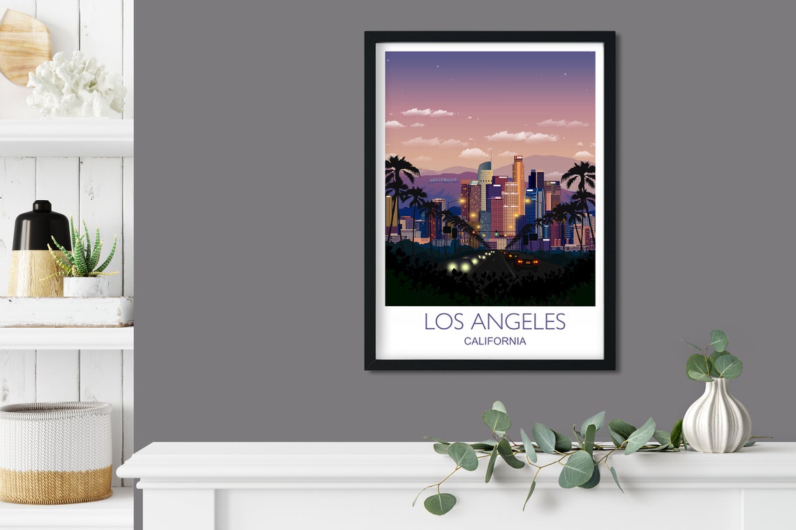 Los Angeles California Dusk Skyline Palm Trees Highway Art Poster - Image 3