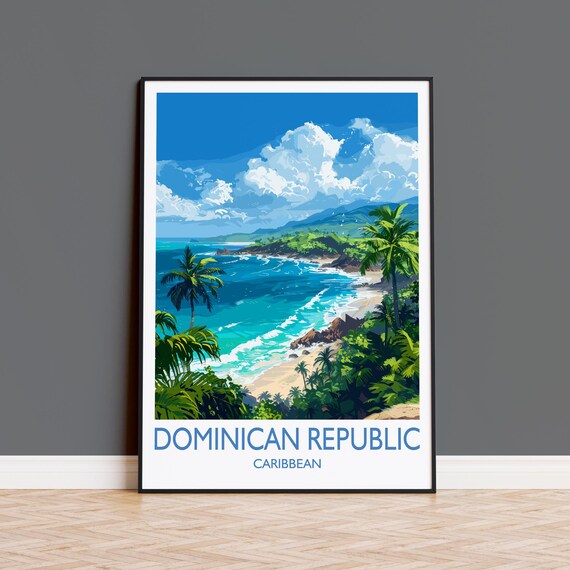 Dominican Republic Tropical Cove Beach White Border Travel Poster