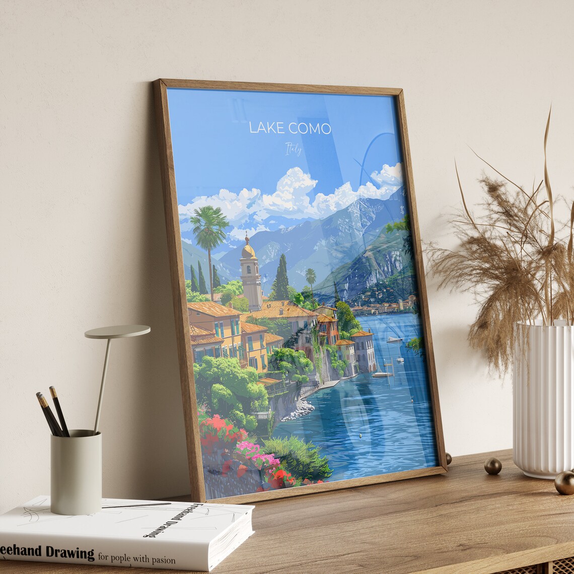Lake Como Italy Lakeside Village Bell Tower Mountains Travel Poster - Image 2