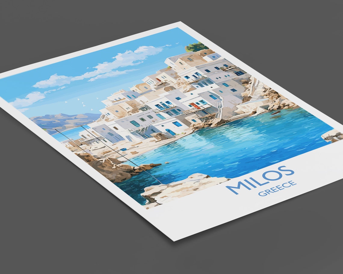 Milos Greece Whitewashed Seaside Village Blue Bay Travel Poster - Image 2