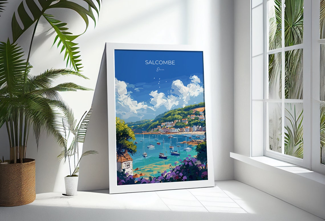 Salcombe Devon Marina View Moored Yachts Green Hills Travel Poster - Image 3