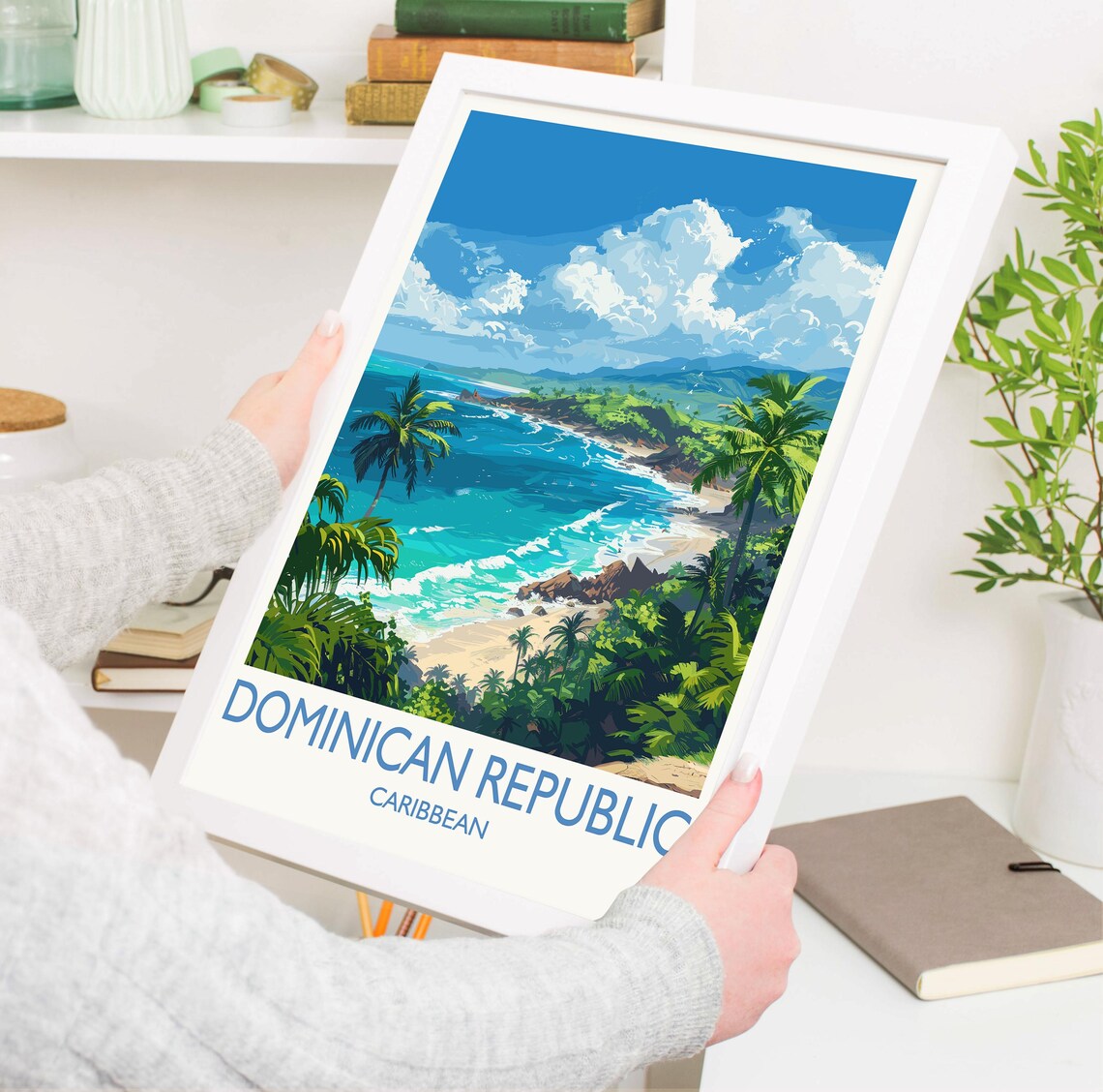 Dominican Republic Tropical Cove Beach White Border Travel Poster - Image 3