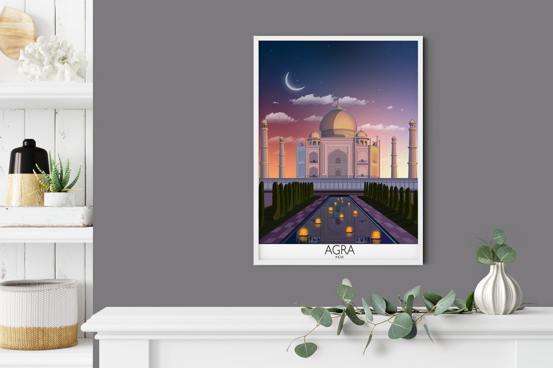 Agra India Taj Mahal Sunset Dusk Moon Lanterns Glow Art Poster - Image 2