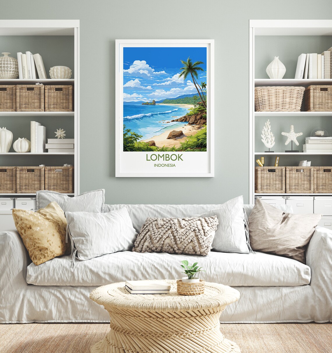 Lombok Indonesia Tropical Beach Palm Surf Travel Poster Island Decor - Image 4