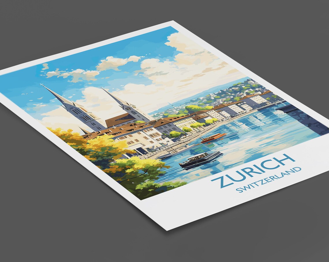 Zurich Switzerland Riverfront Church Spires Old Town Travel Poster - Image 2