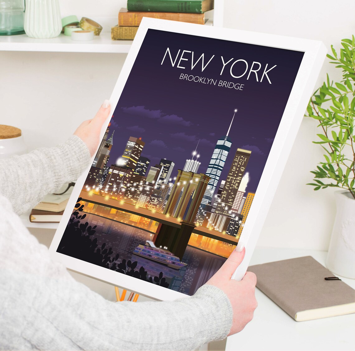 New York Brooklyn Bridge Night Skyline City Lights Travel Poster - Image 3