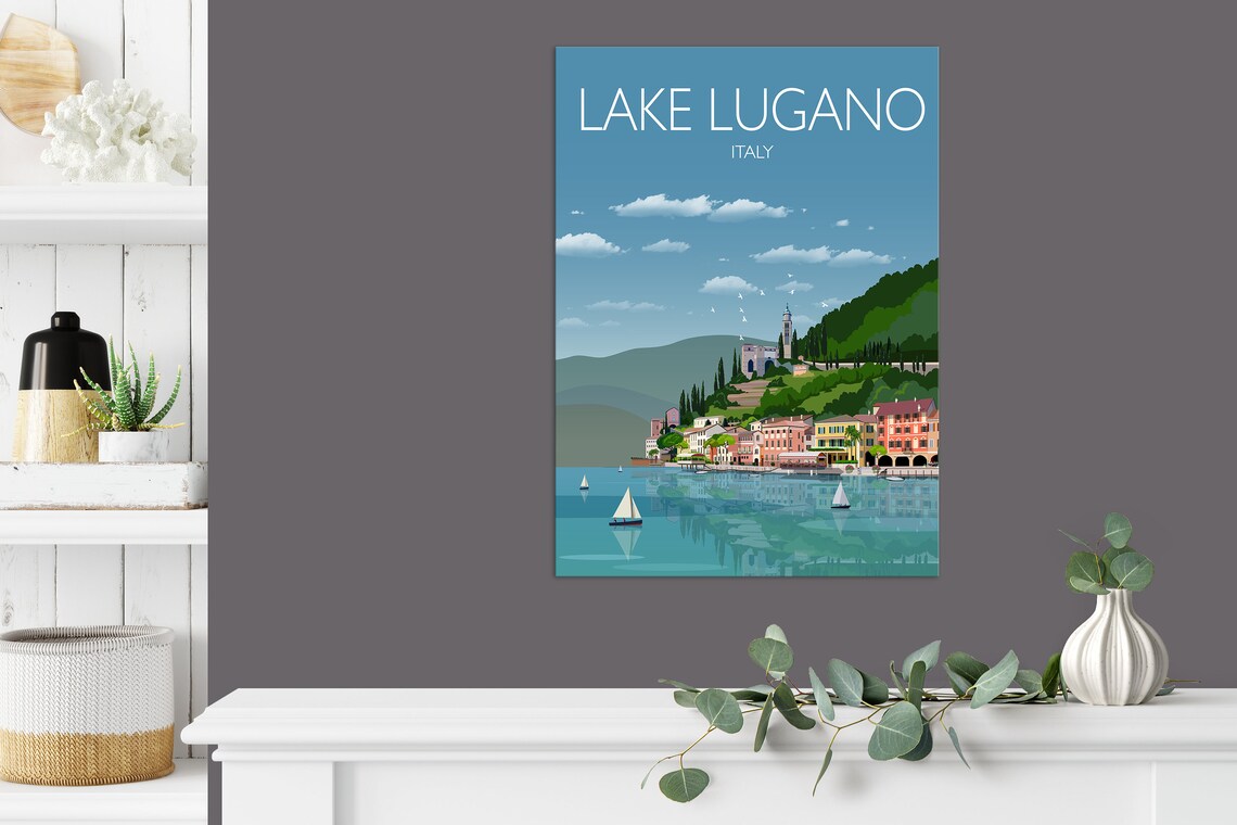 Lake Lugano Italy Lakeside Town Sailboats Serene View Art Poster - Image 3